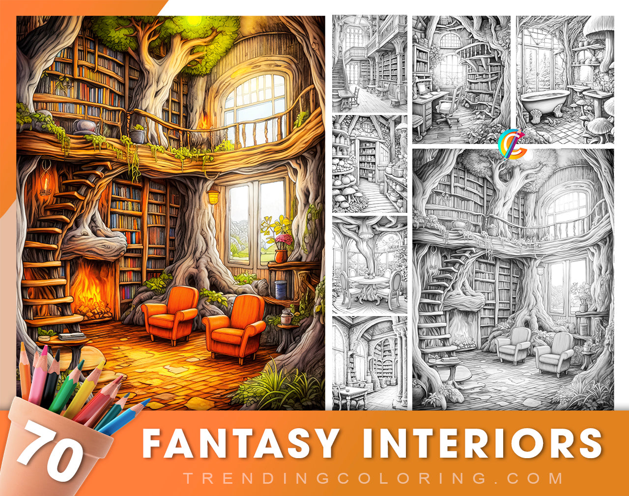 70 Fantasy Interiors Grayscale Coloring Pages - Instant Download - Printable PDF