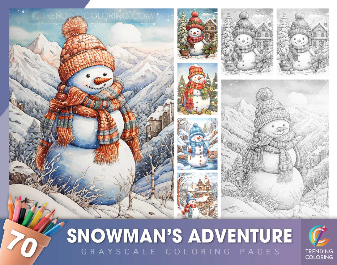 70 Snowman's Adventure Grayscale Coloring Pages - Instant Download - Printable PDF