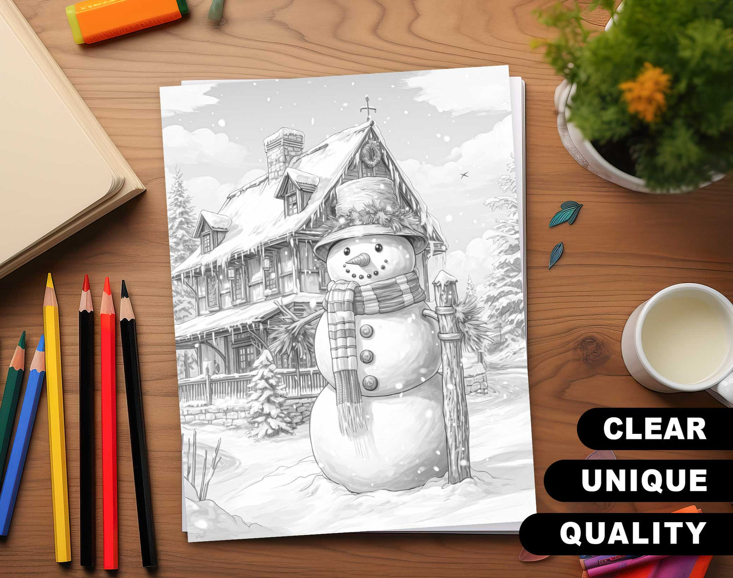 70 Snowman's Adventure Grayscale Coloring Pages - Instant Download - Printable PDF