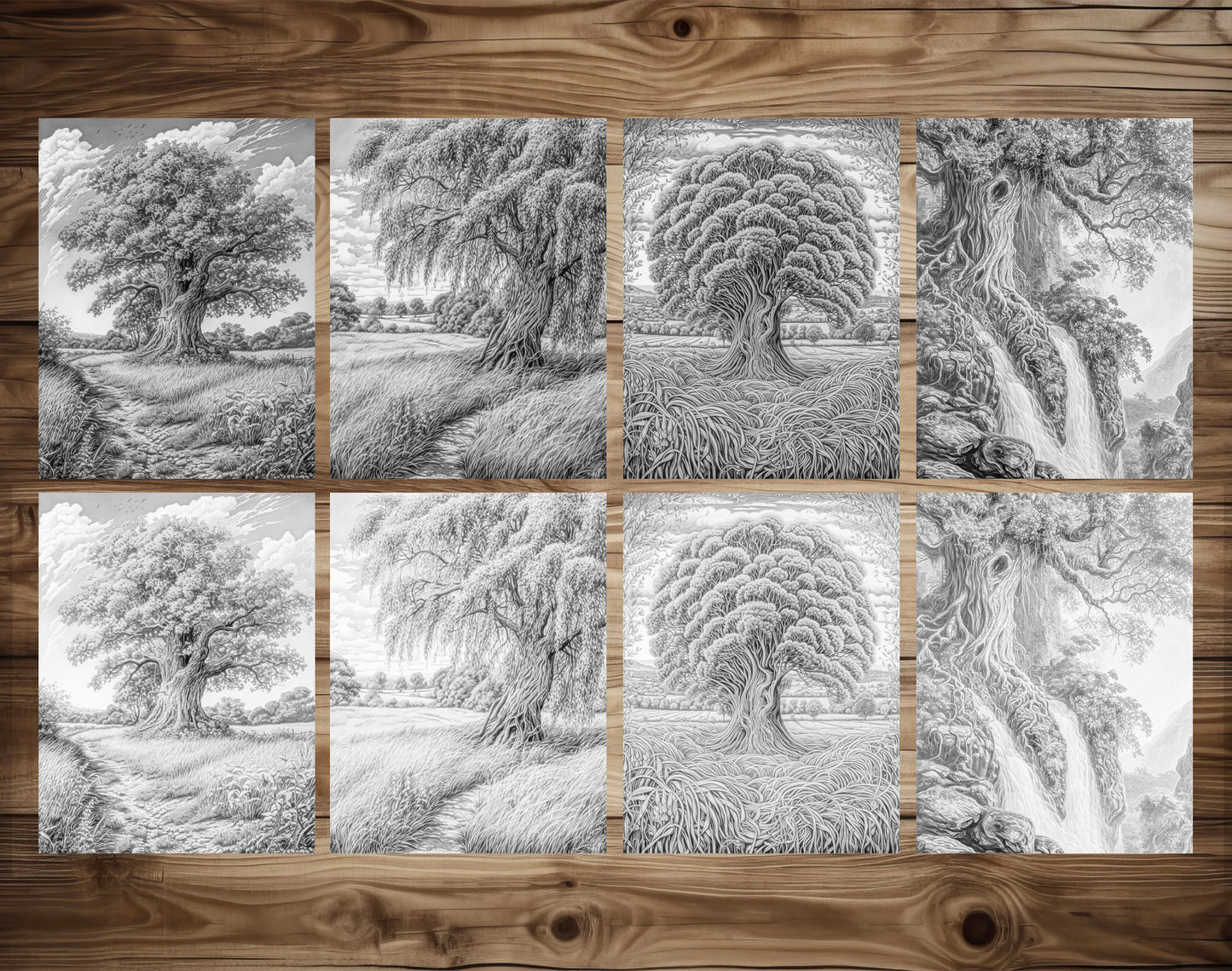 70 Trees Around The World Grayscale Coloring Pages - Instant Download - Printable PDF Dark/Light