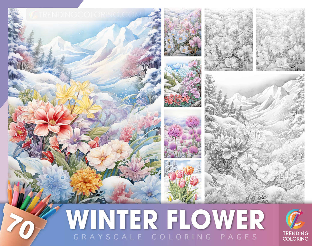 70 Winter Flower Grayscale Coloring Pages - Instant Download - Printable Dark/Light PDF