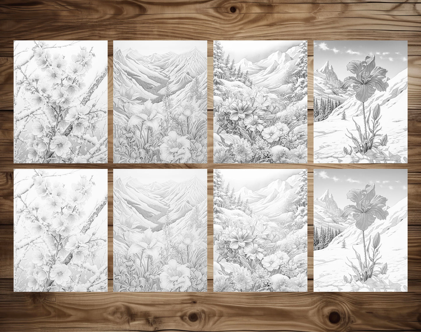 70 Winter Flower Grayscale Coloring Pages - Instant Download - Printable PDF Dark/Light