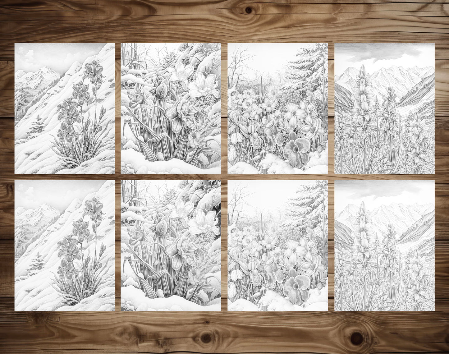 70 Winter Flower Grayscale Coloring Pages - Instant Download - Printable PDF Dark/Light