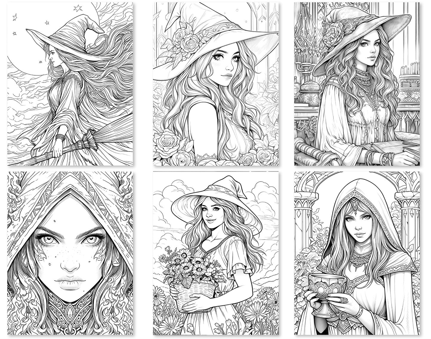 70 Beauty Witches 2 Coloring Pages - Instant Download - Printable PDF – preview 4