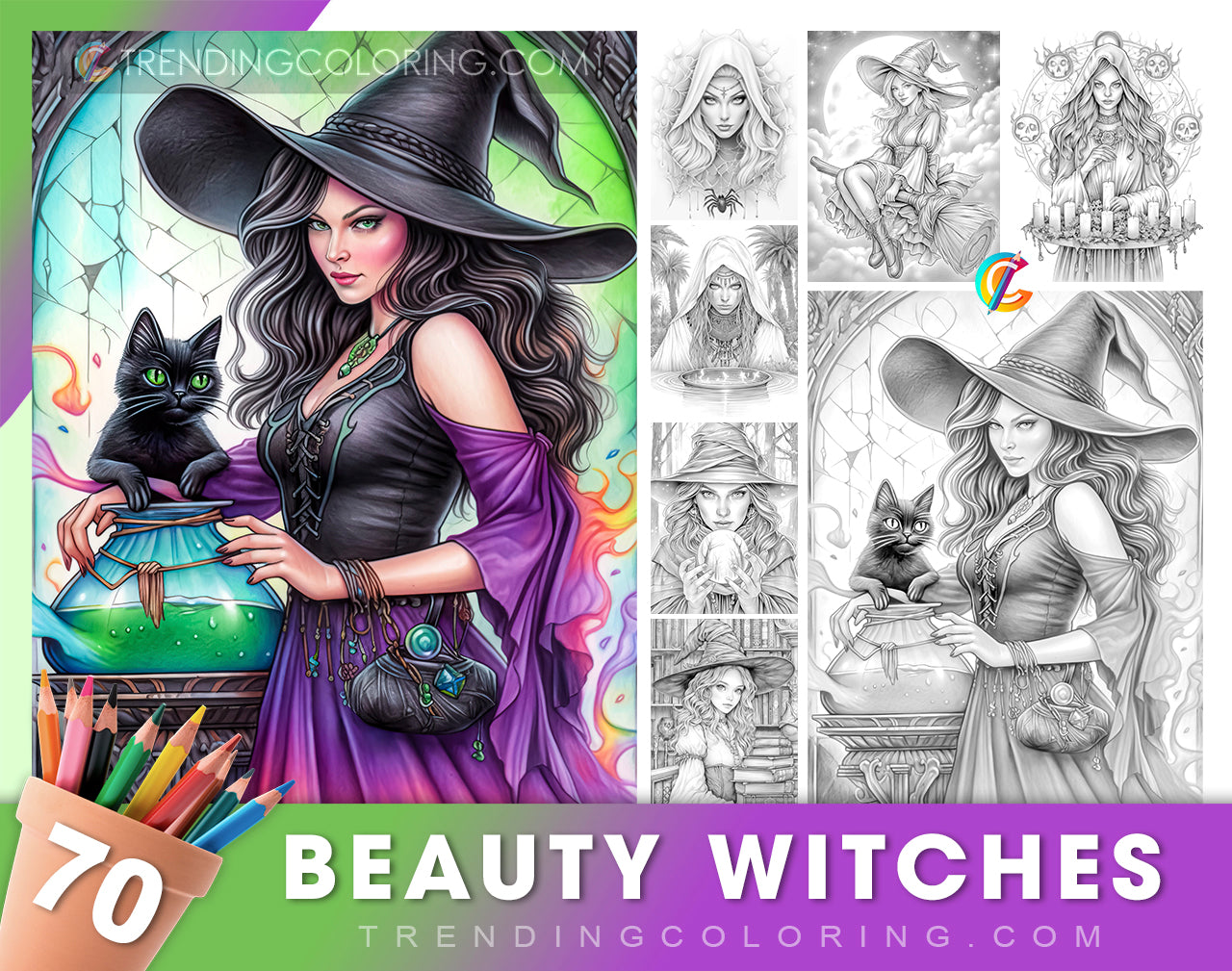 70 Beauty Witches Grayscale Coloring Pages - Instant Download - Printable PDF