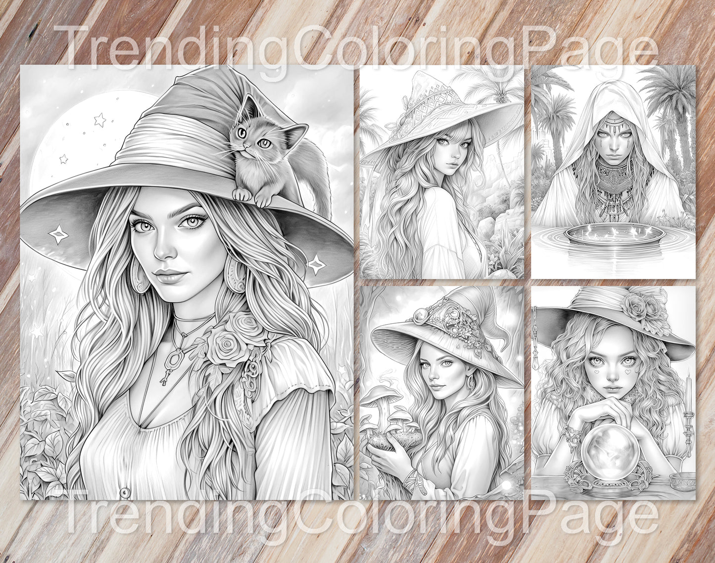 70 Beauty Witches Grayscale Coloring Pages - Instant Download - Printable PDF – preview 2