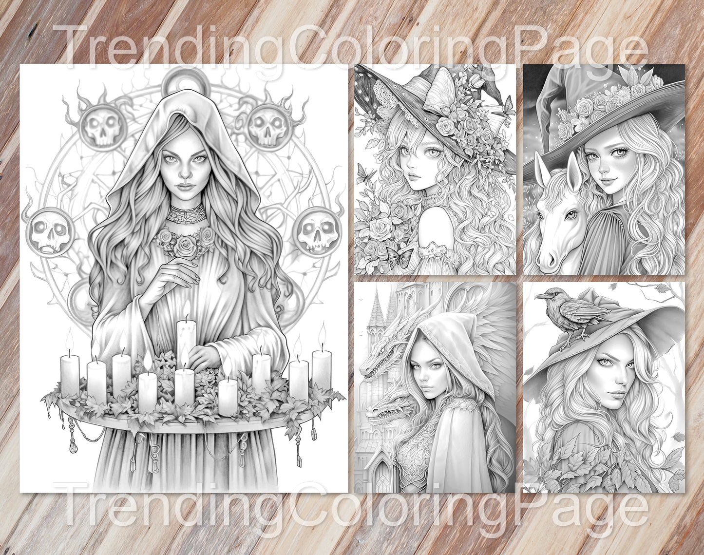 70 Beauty Witches Grayscale Coloring Pages - Instant Download - Printable PDF – preview 3