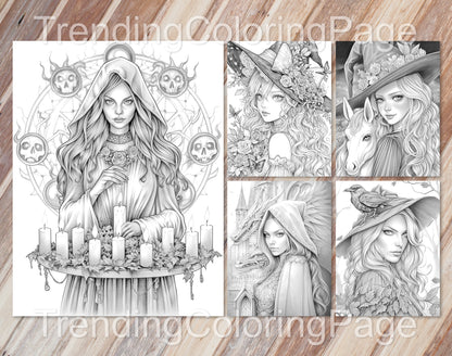 70 Beauty Witches Grayscale Coloring Pages - Instant Download - Printable PDF – preview 3