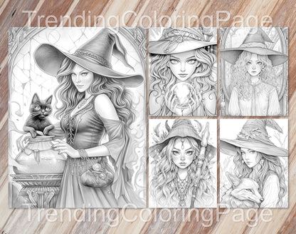 70 Beauty Witches Grayscale Coloring Pages - Instant Download - Printable PDF – preview 4