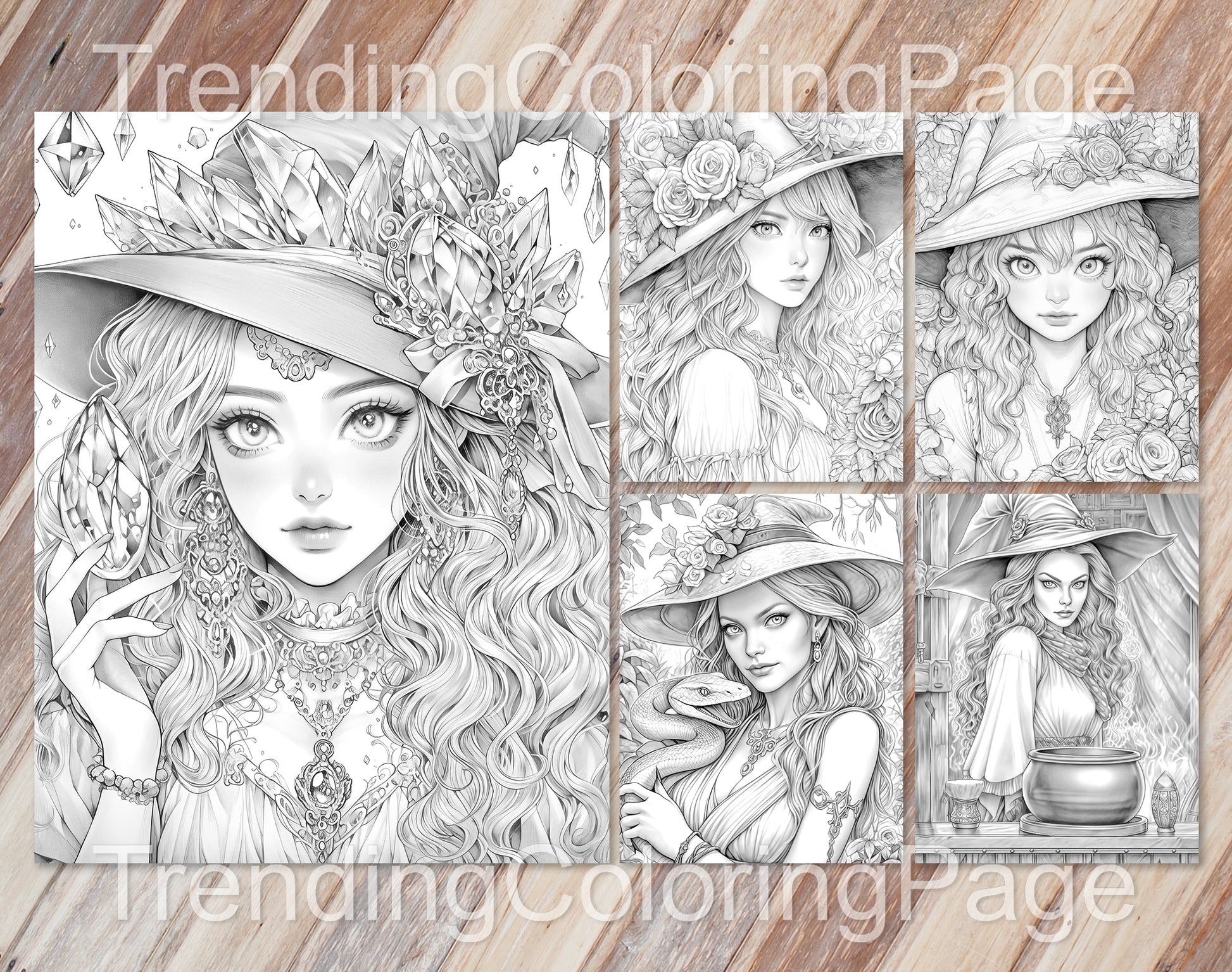 70 Beauty Witches Grayscale Coloring Pages - Instant Download - Printable PDF – preview 5