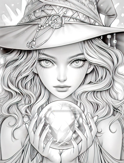 70 Beauty Witches Grayscale Coloring Pages - Instant Download - Printable PDF – preview 7