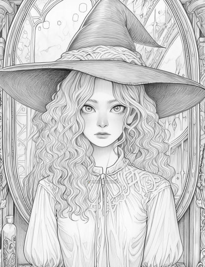 70 Beauty Witches Grayscale Coloring Pages - Instant Download - Printable PDF – preview 8