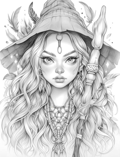 70 Beauty Witches Grayscale Coloring Pages - Instant Download - Printable PDF – preview 9