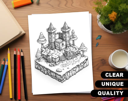 70 Diverse 3D Object Grayscale Coloring Pages - Instant Download - Printable PDF Dark/Light – preview 3
