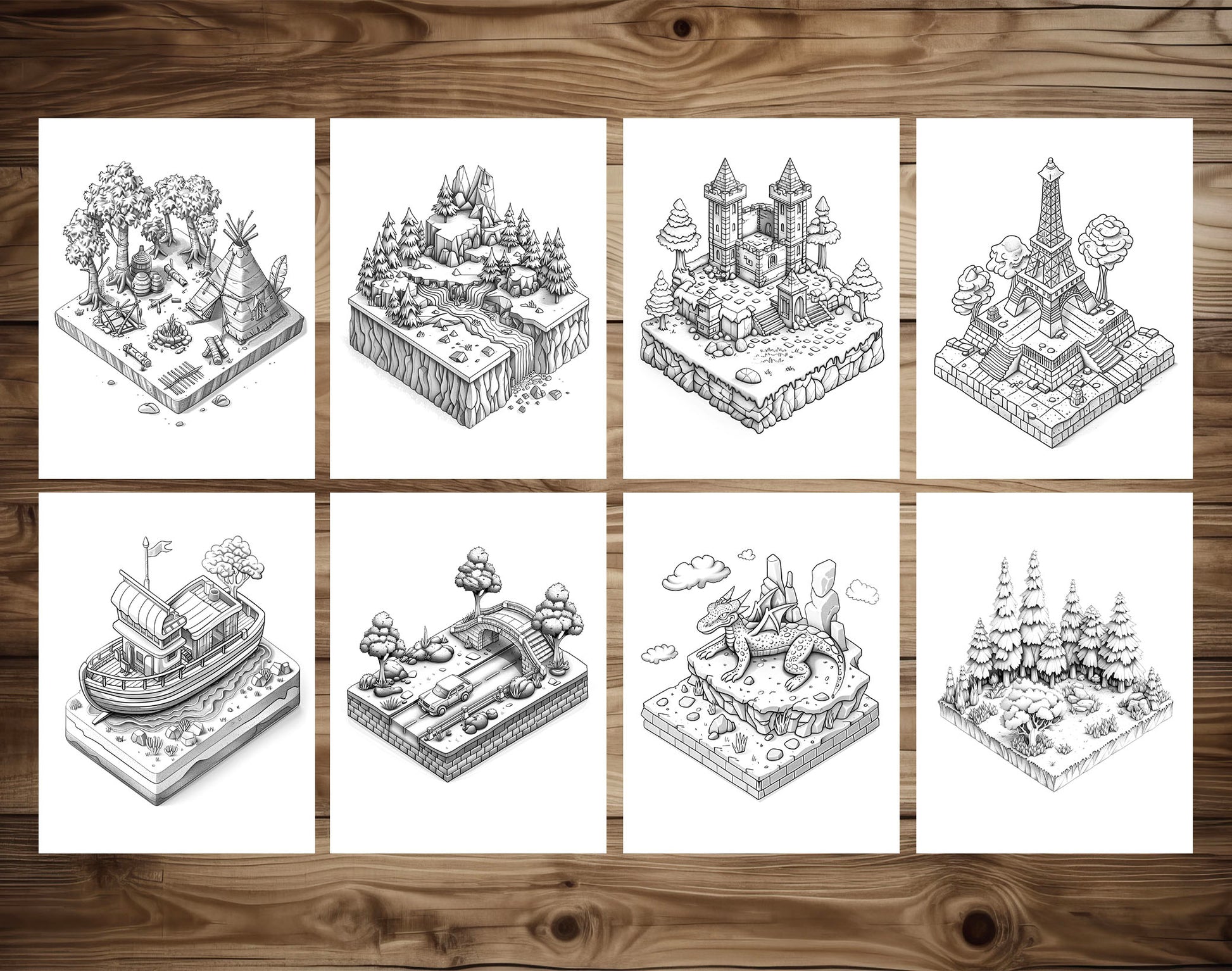 70 Diverse 3D Object Grayscale Coloring Pages - Instant Download - Printable PDF Dark/Light – preview 5