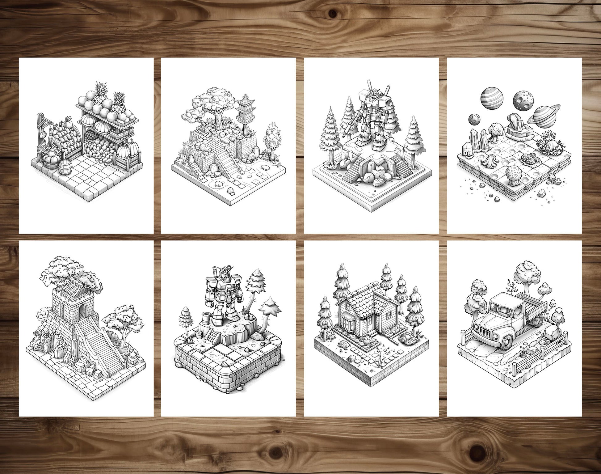 70 Diverse 3D Object Grayscale Coloring Pages - Instant Download - Printable PDF Dark/Light – preview 6