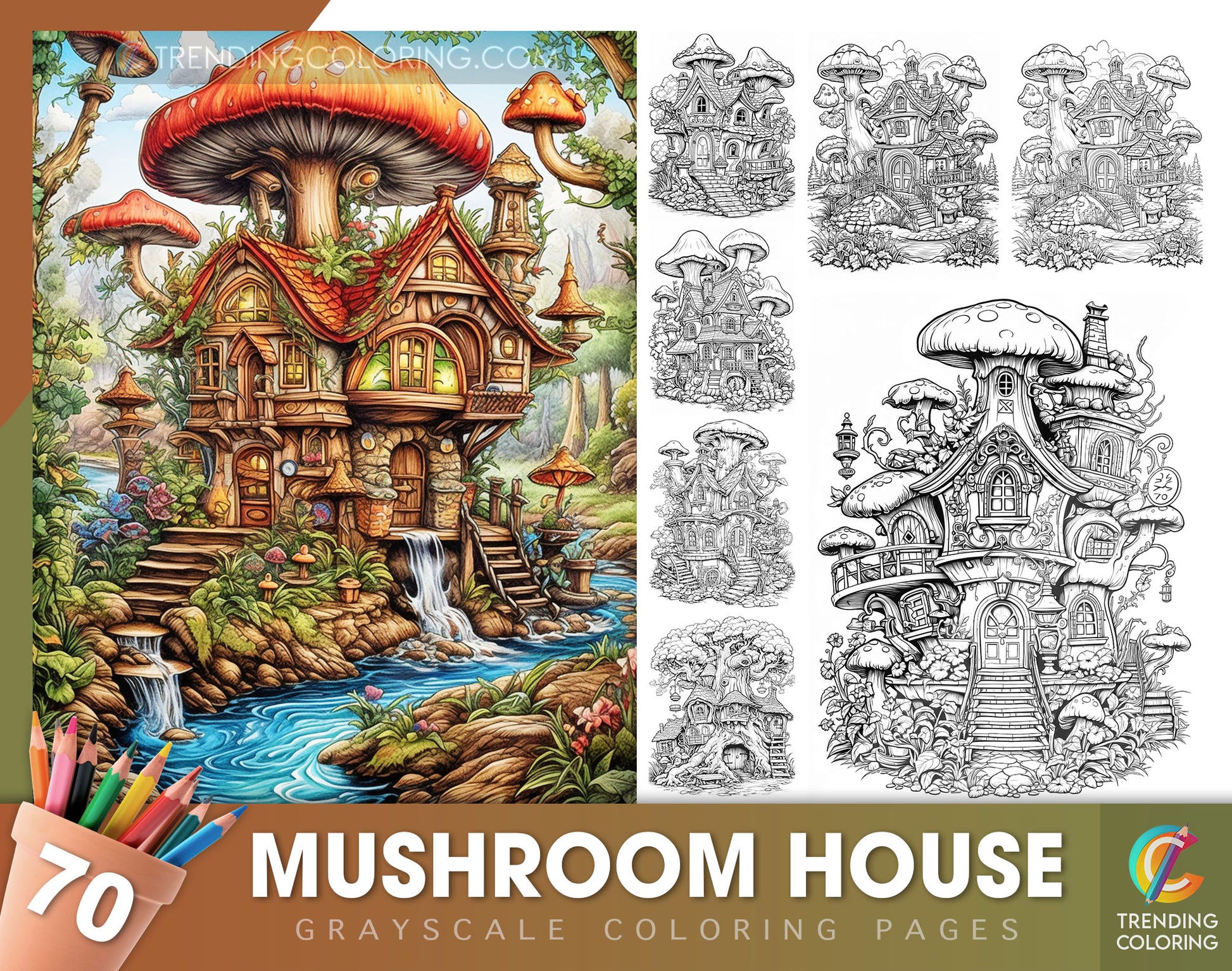 70 Mushroom House Grayscale Coloring Pages - Instant Download - Printable PDF Dark/Light