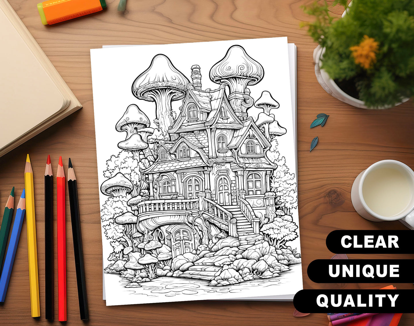 70 Mushroom House Grayscale Coloring Pages - Instant Download - Printable PDF Dark/Light – preview 3
