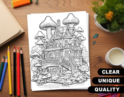 70 Mushroom House Grayscale Coloring Pages - Instant Download - Printable PDF Dark/Light – preview 3