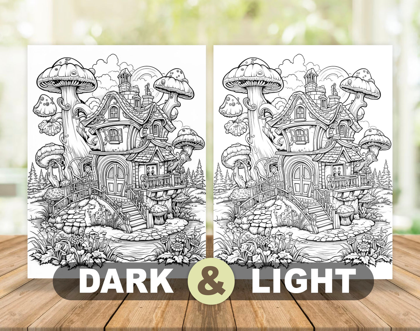 70 Mushroom House Grayscale Coloring Pages - Instant Download - Printable PDF Dark/Light – preview 4