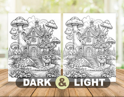 70 Mushroom House Grayscale Coloring Pages - Instant Download - Printable PDF Dark/Light – preview 4