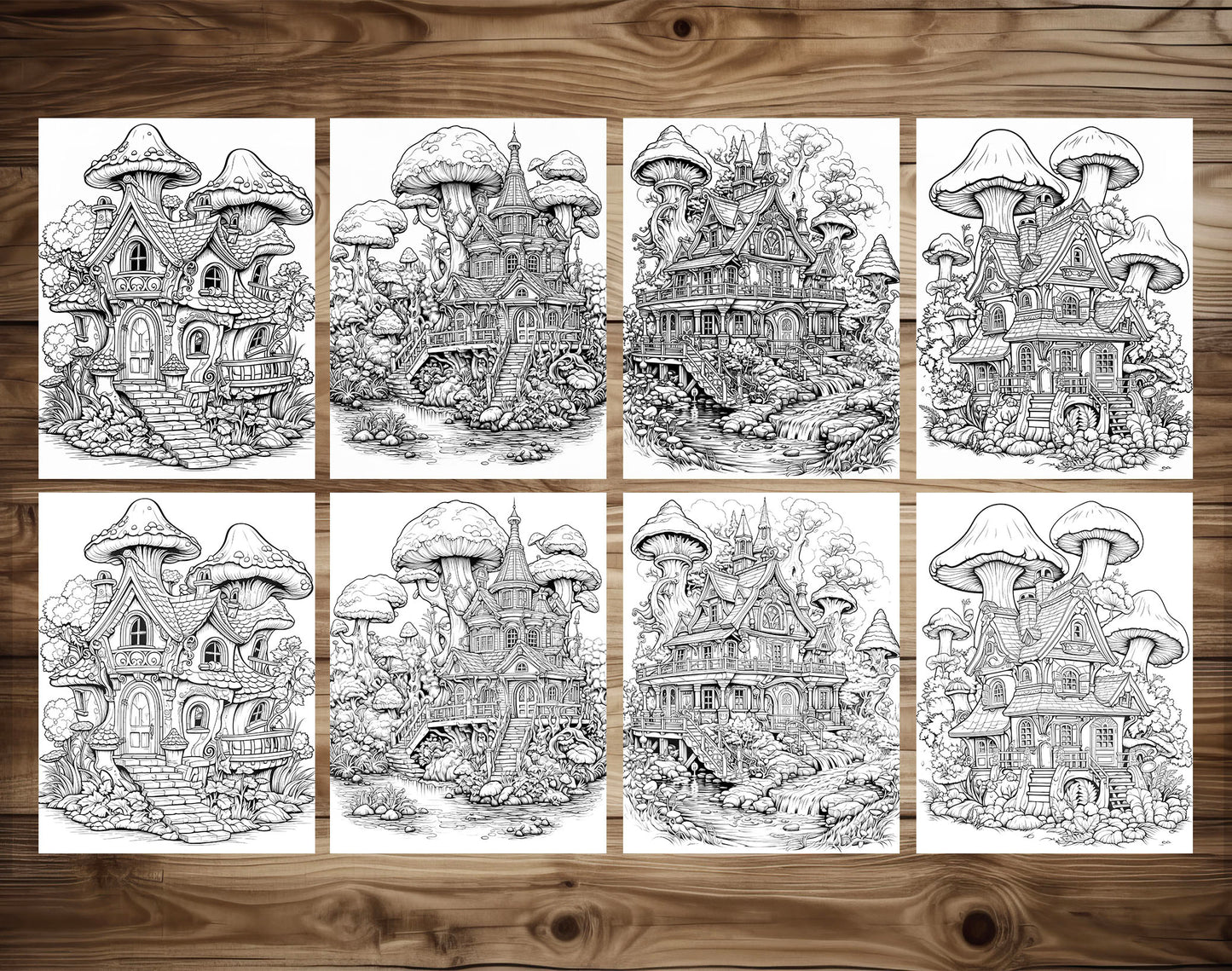 70 Mushroom House Grayscale Coloring Pages - Instant Download - Printable PDF Dark/Light – preview 5