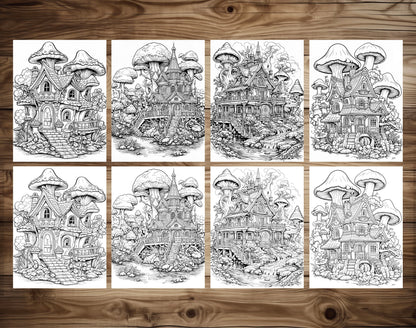 70 Mushroom House Grayscale Coloring Pages - Instant Download - Printable PDF Dark/Light – preview 5