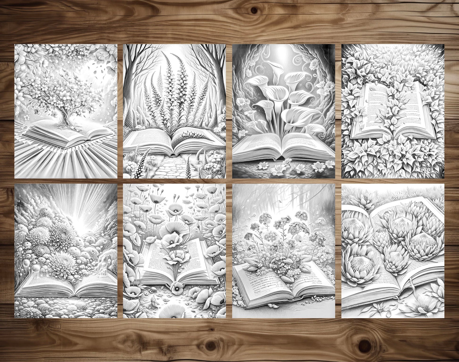 70 Open Magic Book - World of Flowers Grayscale Coloring Pages - Instant Download - Printable PDF Dark/Light – preview 5