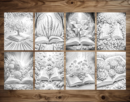 70 Open Magic Book - World of Flowers Grayscale Coloring Pages - Instant Download - Printable PDF Dark/Light – preview 5