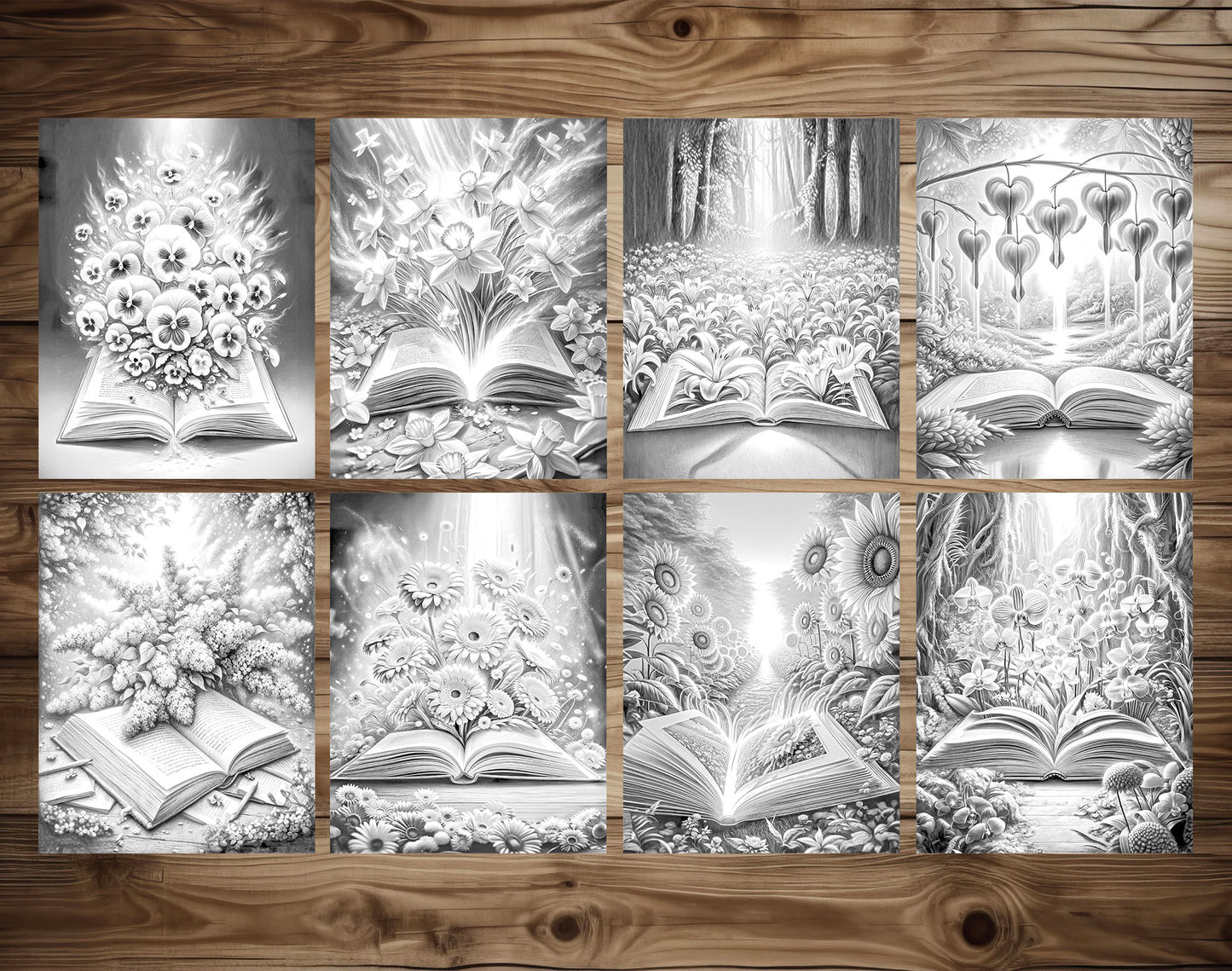 70 Open Magic Book - World of Flowers Grayscale Coloring Pages - Instant Download - Printable PDF Dark/Light – preview 6