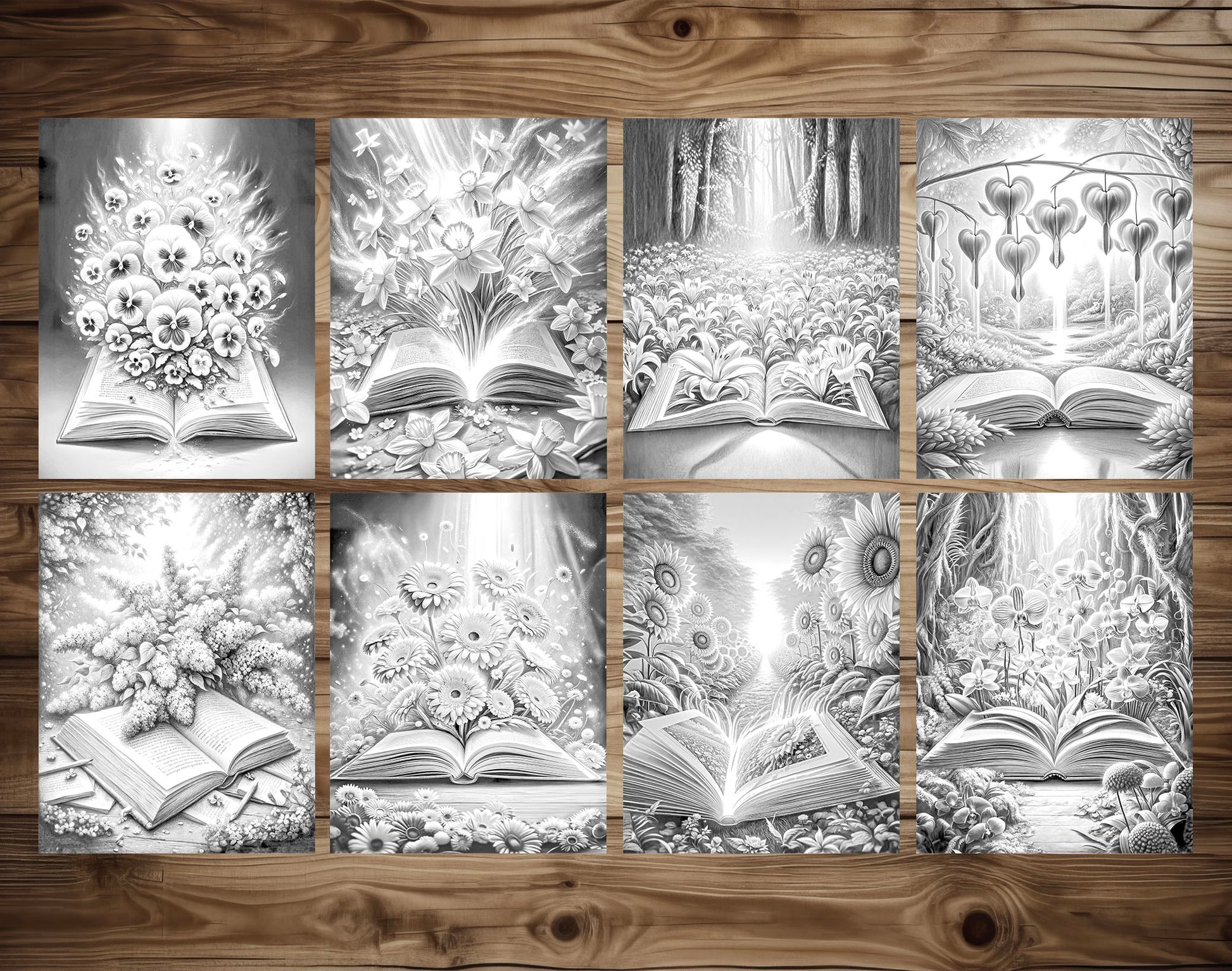 70 Open Magic Book - World of Flowers Grayscale Coloring Pages - Instant Download - Printable PDF Dark/Light – preview 6