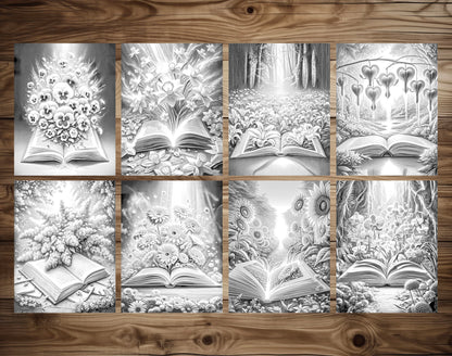 70 Open Magic Book - World of Flowers Grayscale Coloring Pages - Instant Download - Printable PDF Dark/Light – preview 6