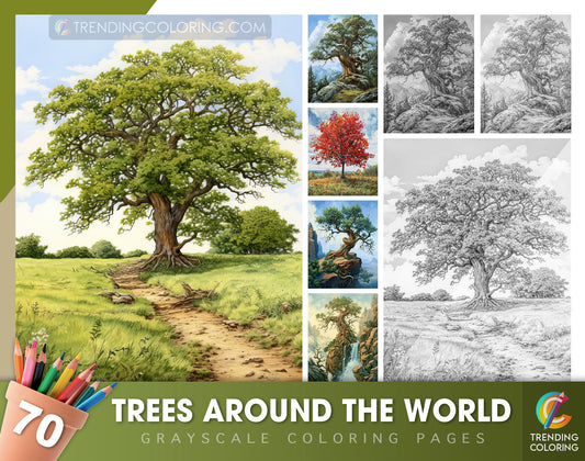 70 Trees Around The World Grayscale Coloring Pages - Instant Download - Printable PDF Dark/Light