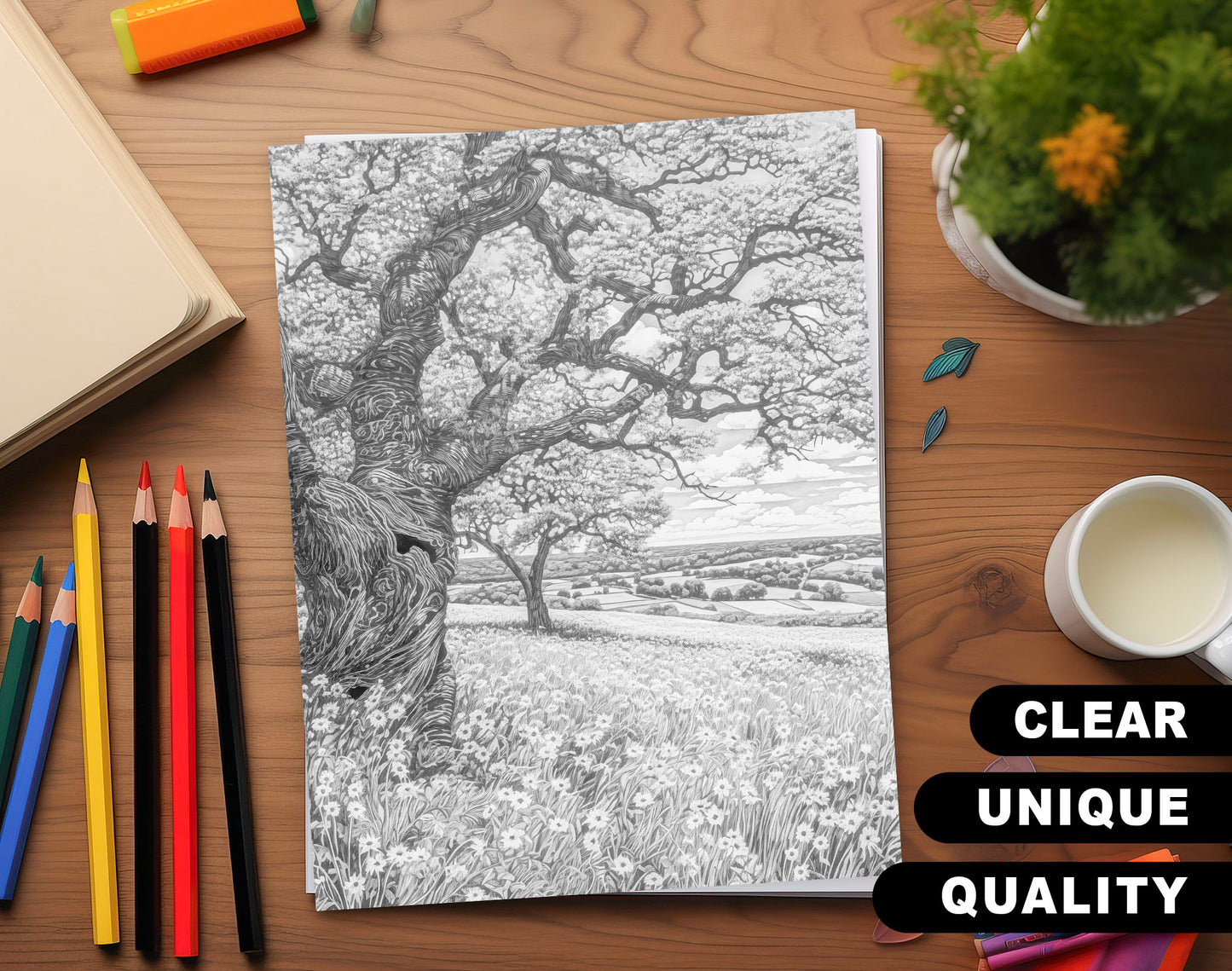70 Trees Around The World Grayscale Coloring Pages - Instant Download - Printable PDF Dark/Light – preview 3