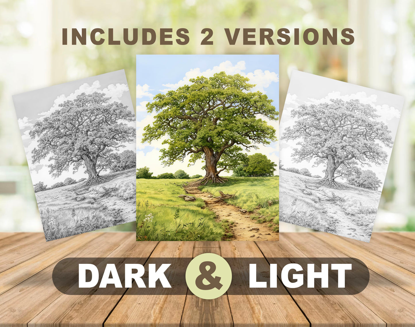 70 Trees Around The World Grayscale Coloring Pages - Instant Download - Printable PDF Dark/Light – preview 4