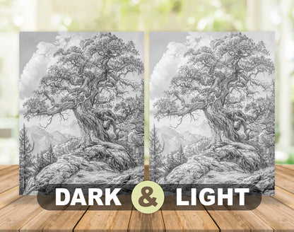 70 Trees Around The World Grayscale Coloring Pages - Instant Download - Printable PDF Dark/Light – preview 5