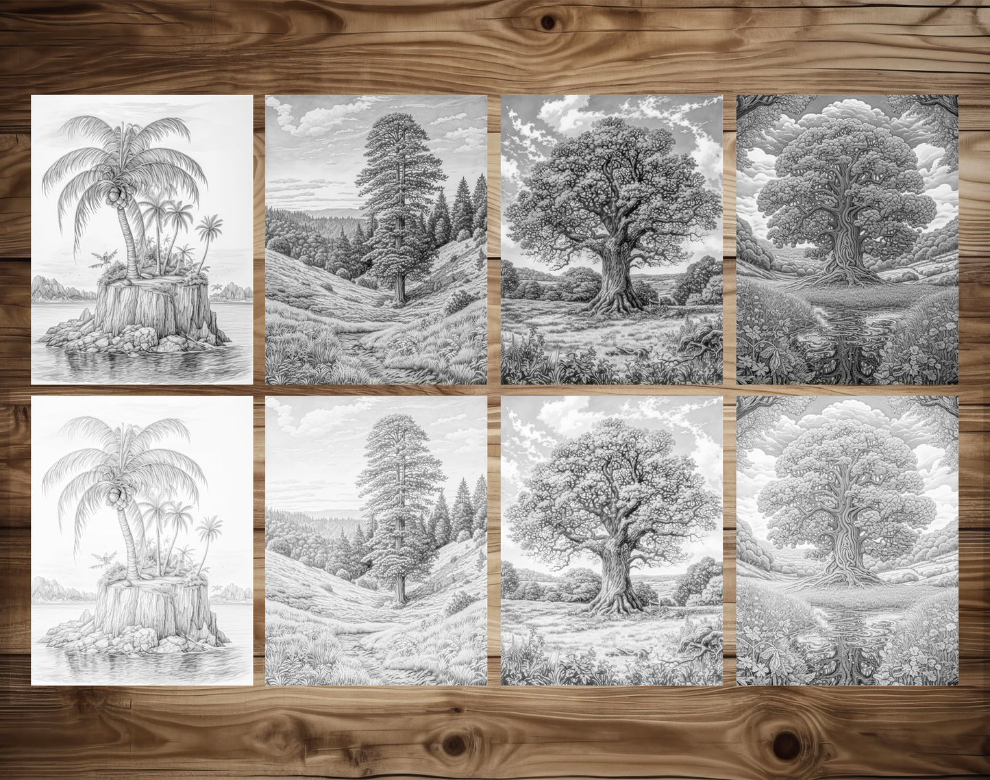 70 Trees Around The World Grayscale Coloring Pages - Instant Download - Printable PDF Dark/Light – preview 6