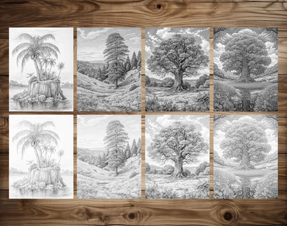 70 Trees Around The World Grayscale Coloring Pages - Instant Download - Printable PDF Dark/Light – preview 6