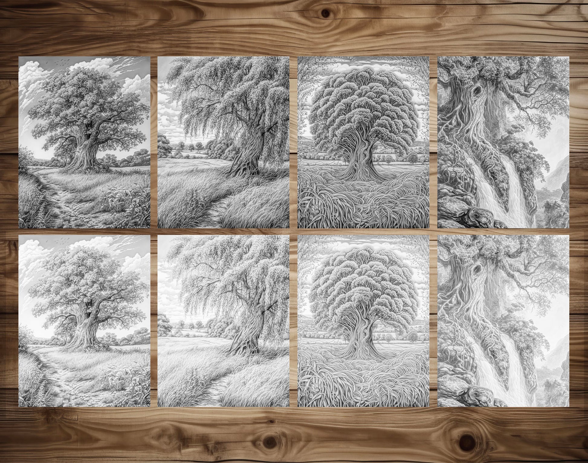 70 Trees Around The World Grayscale Coloring Pages - Instant Download - Printable PDF Dark/Light – preview 7