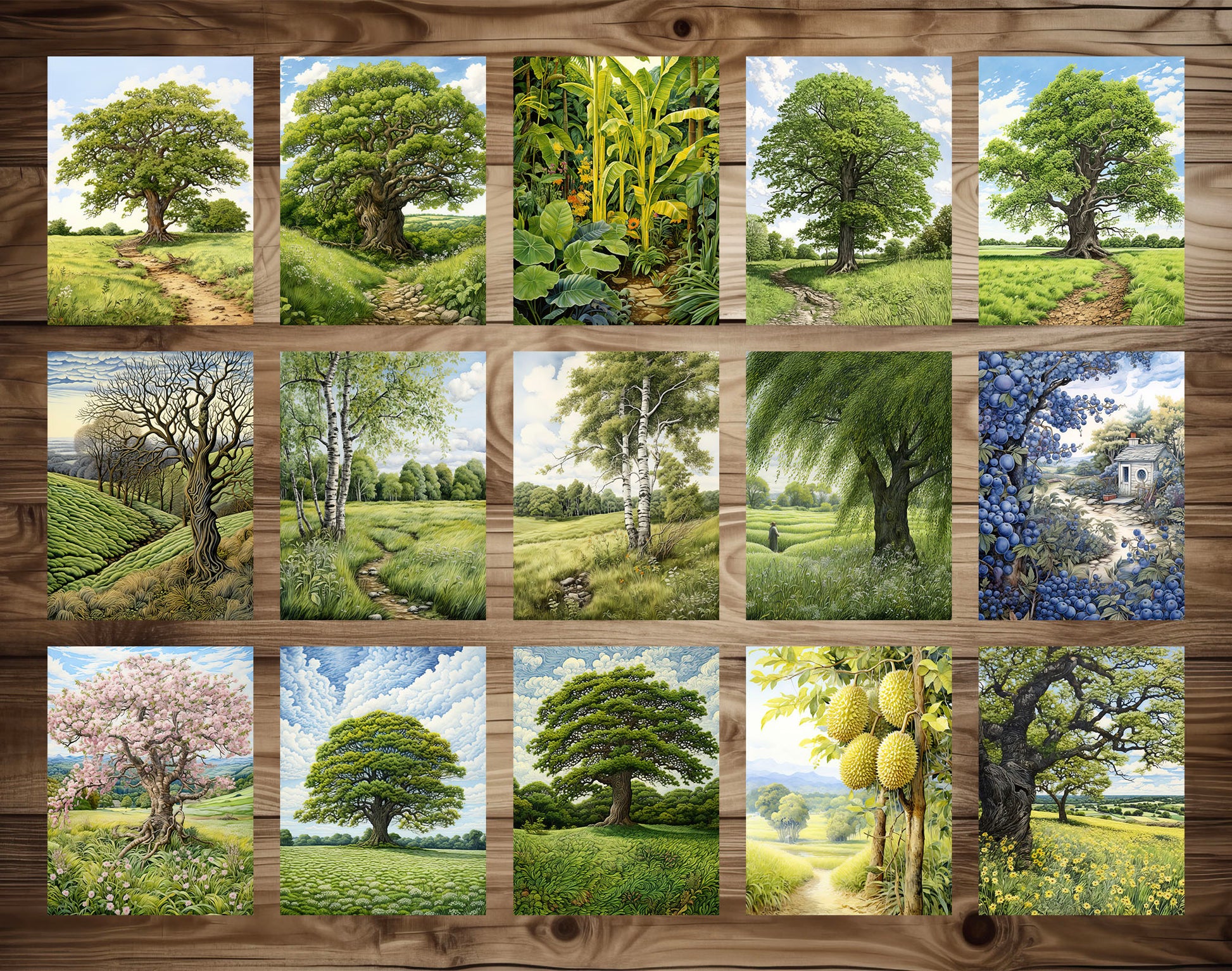 70 Trees Around The World Grayscale Coloring Pages - Instant Download - Printable PDF Dark/Light – preview 8