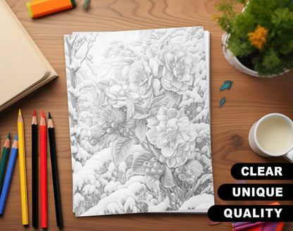 70 Winter Flower Grayscale Coloring Pages - Instant Download - Printable PDF Dark/Light – preview 3