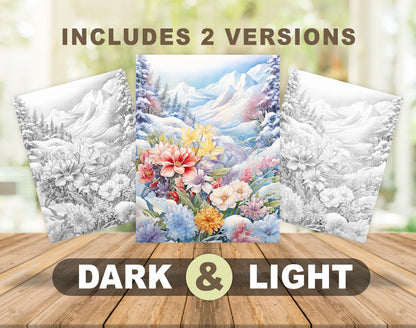 70 Winter Flower Grayscale Coloring Pages - Instant Download - Printable PDF Dark/Light – preview 4