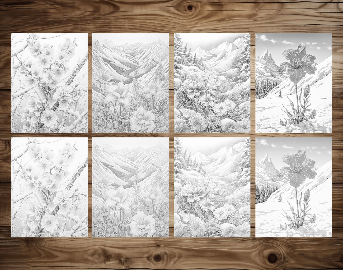70 Winter Flower Grayscale Coloring Pages - Instant Download - Printable PDF Dark/Light – preview 6