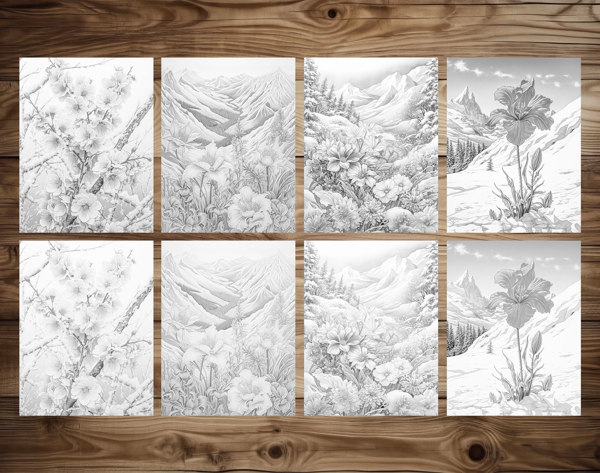 70 Winter Flower Grayscale Coloring Pages - Instant Download - Printable PDF Dark/Light – preview 6