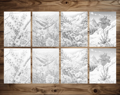 70 Winter Flower Grayscale Coloring Pages - Instant Download - Printable PDF Dark/Light – preview 6