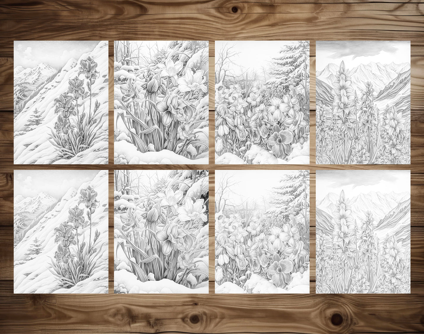 70 Winter Flower Grayscale Coloring Pages - Instant Download - Printable PDF Dark/Light – preview 7