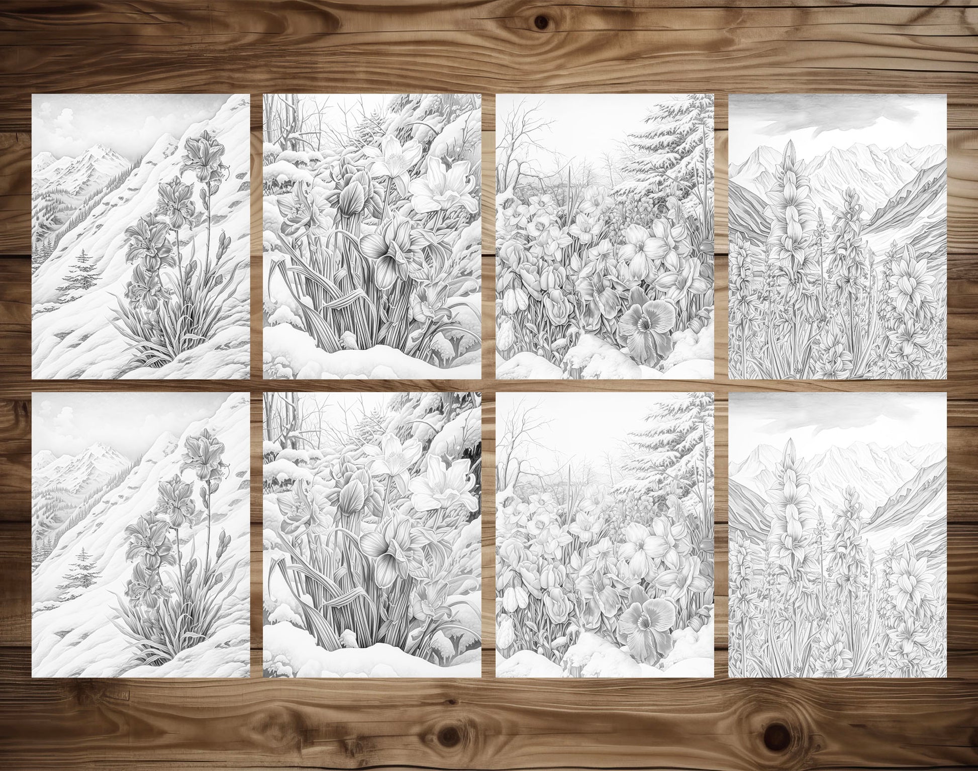 70 Winter Flower Grayscale Coloring Pages - Instant Download - Printable PDF Dark/Light – preview 7
