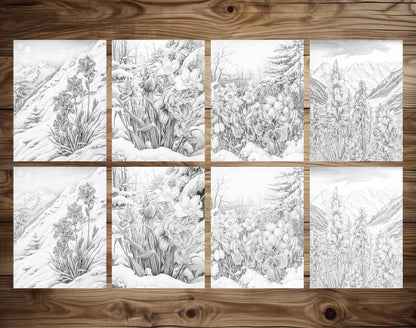 70 Winter Flower Grayscale Coloring Pages - Instant Download - Printable PDF Dark/Light – preview 7