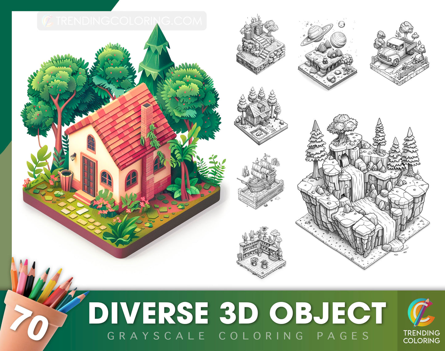 70 Diverse 3D Object Grayscale Coloring Pages - Instant Download - Printable Dark/Light