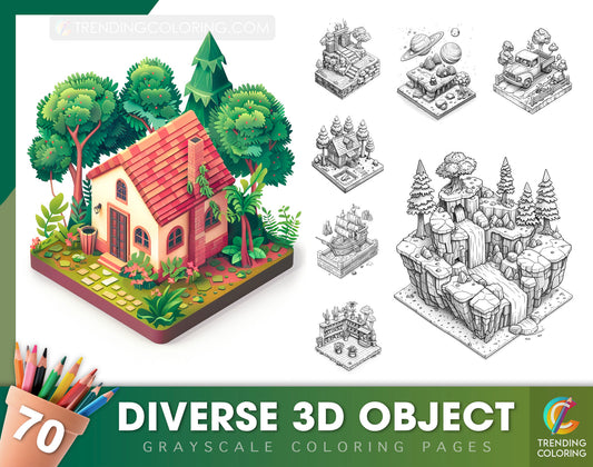 70 Diverse 3D Object Grayscale Coloring Pages - Instant Download - Printable PDF Dark/Light